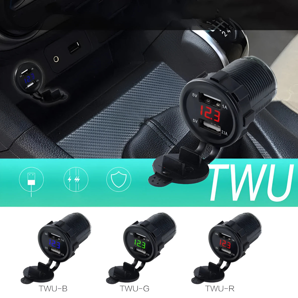 Waterproof motorcycle car charger with snap-on cigarette lighter connection for fast USB charging
