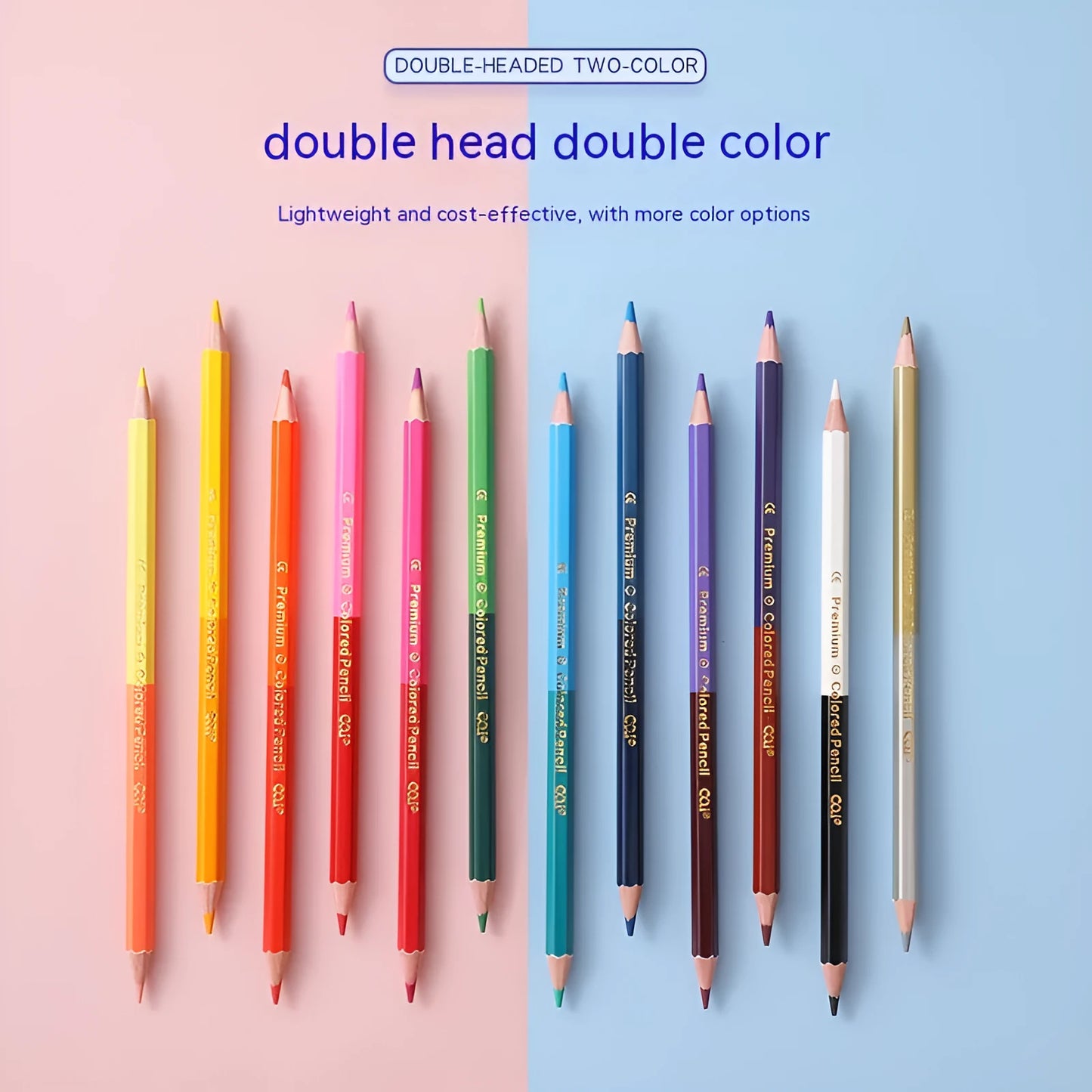 Wooden double-ended colouring pencils set in 12 or 6 piece configurations for student art