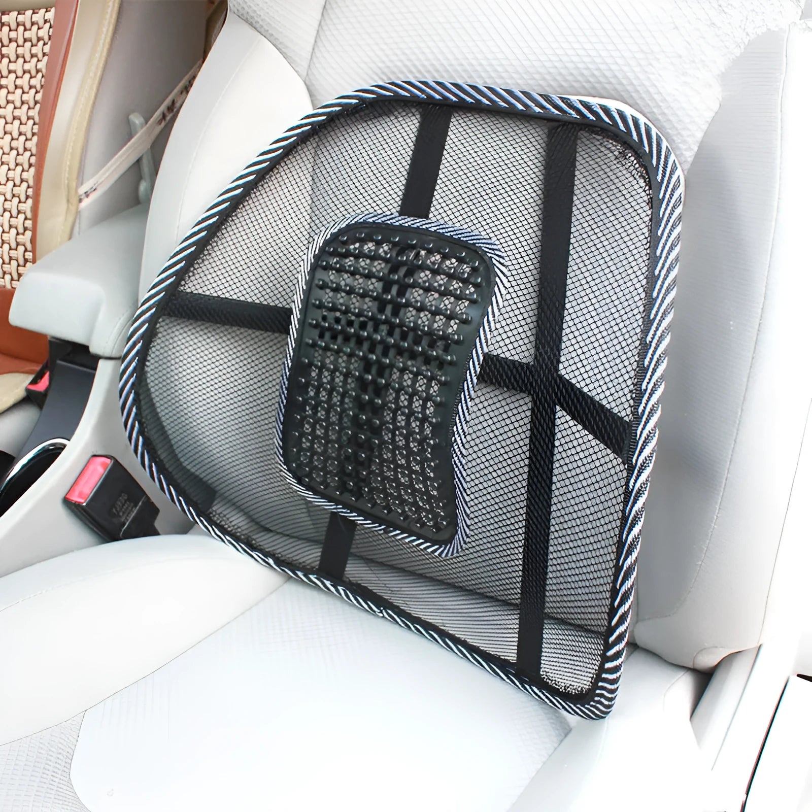 Black lumbar support pillow with steel wire framework for car seats measuring 41x39cm