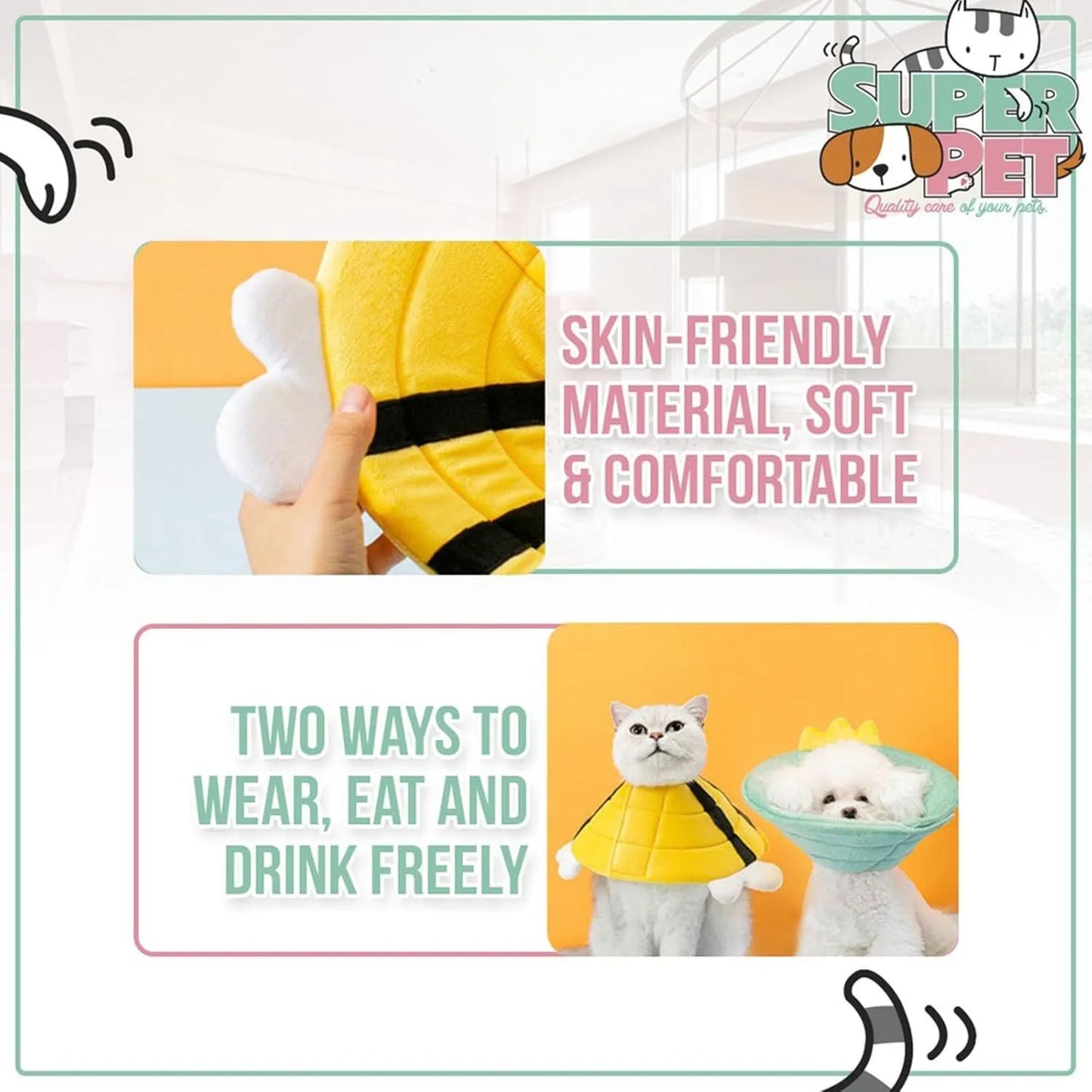 Soft cat cone collar with a yellow and black bee design and Velcro closure.