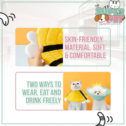 Soft cat cone collar with a yellow and black bee design and Velcro closure.