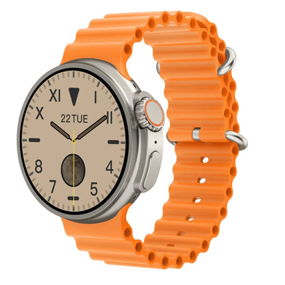 Black K9 smart watch with round screen and silicone strap on wrist