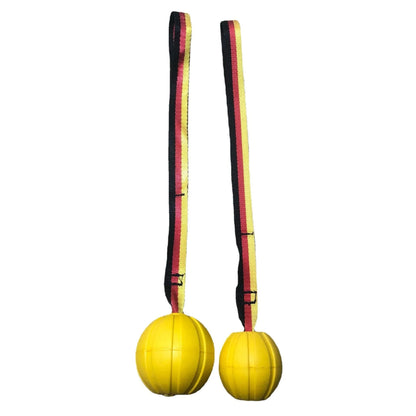 Yellow and camouflage coloured EVA foam floating dog balls with strings in 6.5cm, 7cm, and 9cm sizes.