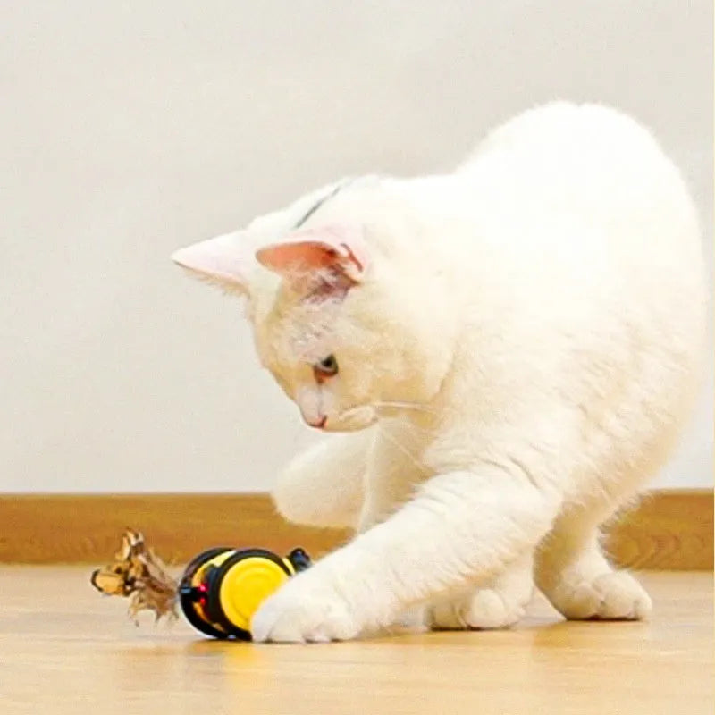 Electric cat toy with bee design and feather teaser in pink or yellow colour options