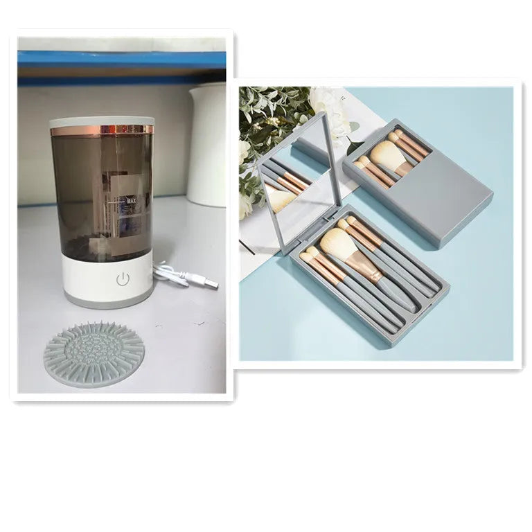 Grey and white portable electric makeup brush cleaner machine with USB charging cable