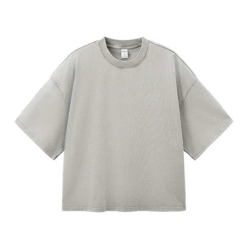 Men's vintage cotton t-shirt with loose fit, drop-shoulder sleeves, and washed-out finish in khaki light colour