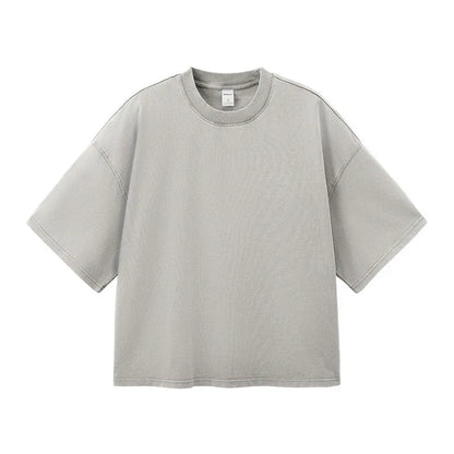 Men's vintage cotton t-shirt with loose fit, drop-shoulder sleeves, and washed-out finish in khaki light colour