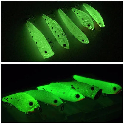 Set of five 3D fluorescent simulation luminous hard bait fishing lures with realistic fish appearance