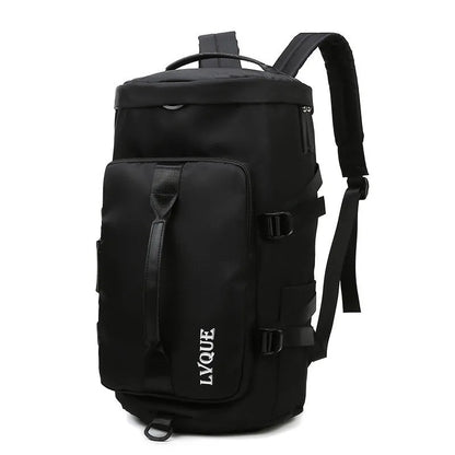 Black waterproof 3-in-1 convertible nylon backpack showing shoe compartment and combination lock.