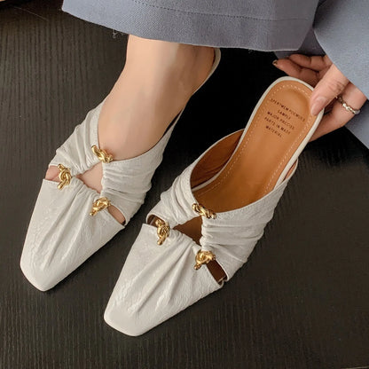 Women's genuine leather half toe cap slippers in gold colour with square head design and low heel