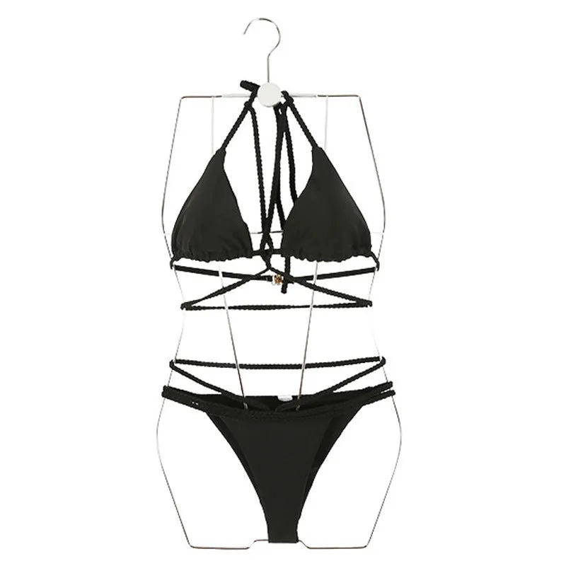 Black and red nylon bikini swimsuit set for hot springs and swimming