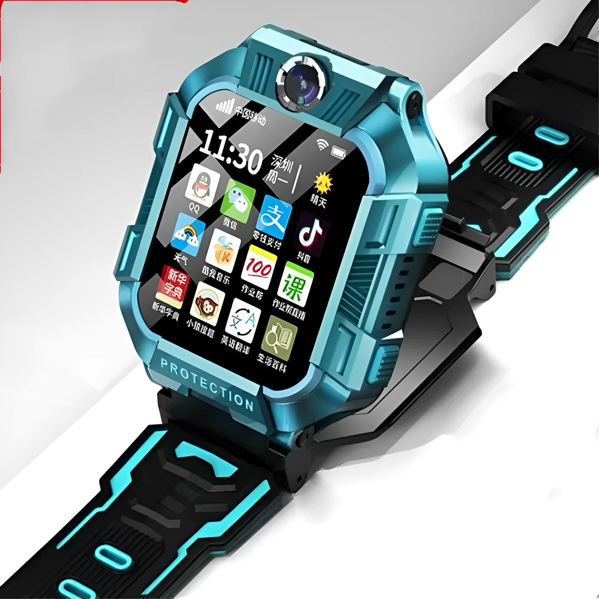 Green children's smartwatch phone with GPS on a silicone wristband, showing touchscreen and camera.