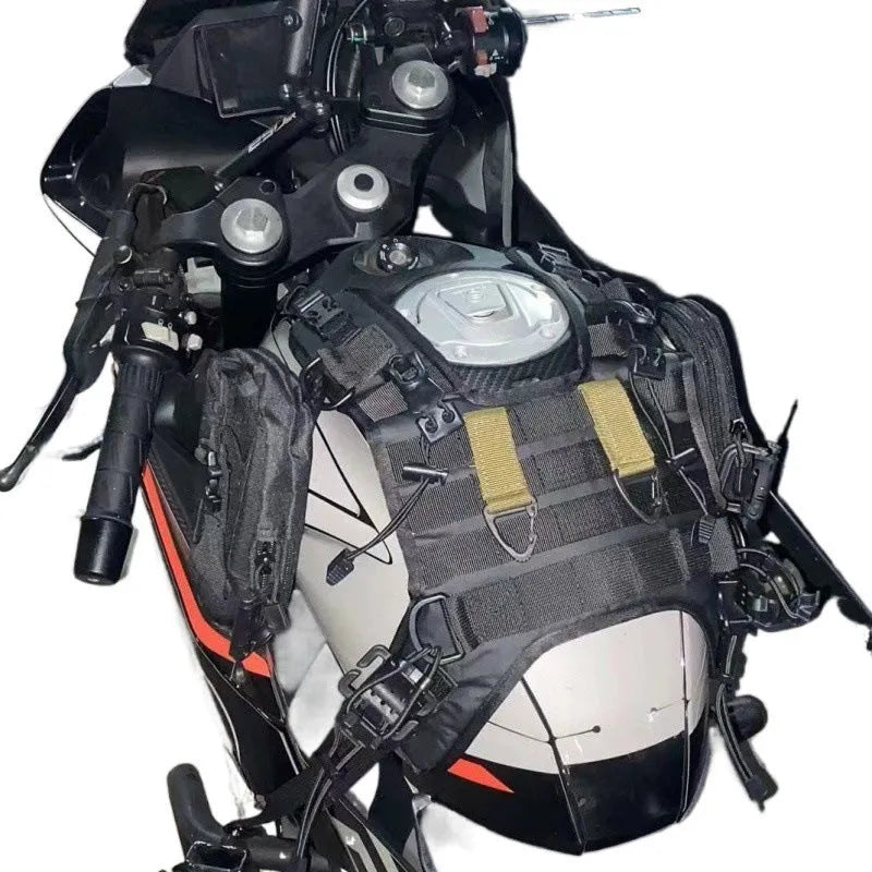 Universal black vest fuel tank bag mounting base for motorcycle tank bag, shown as a vest-style mount base