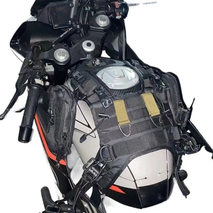 Universal black vest fuel tank bag mounting base for motorcycle tank bag, shown as a vest-style mount base