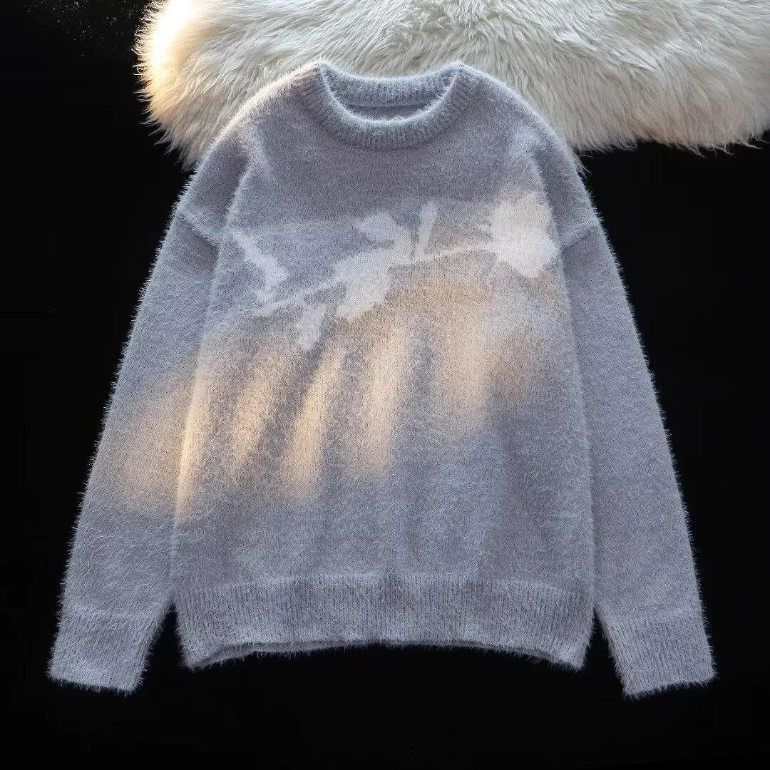 Men's black cotton fleece jumper with flocked horse design on front, long sleeve pullover style