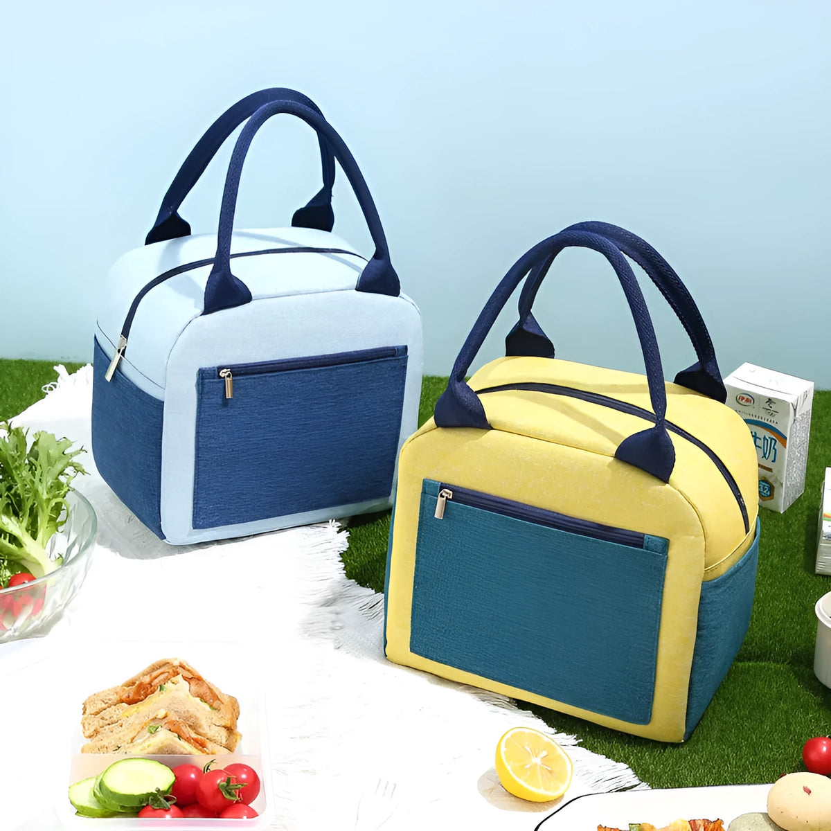 Aluminium foil laminated lunch insulation bag in waterproof Oxford cloth showing blue colour option