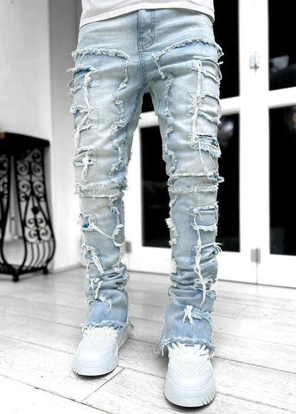 Men's slim-fit cotton jeans with unique patched design in various classic colors