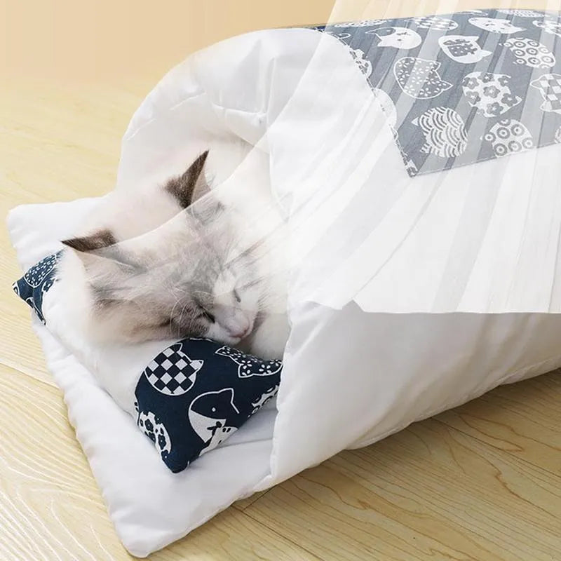 Grey cat sleeping bag bed with removable fleece liner and pillow in four sizes for cats and small dogs.