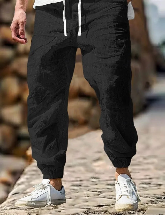 Men's straight-leg cotton trousers with elastic waist in seven colours, sizes S to XXXL for summer wear