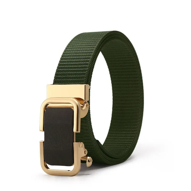 Men's toothless nylon canvas belt with an alloy buckle shown in Army Green colour, length 120cm.