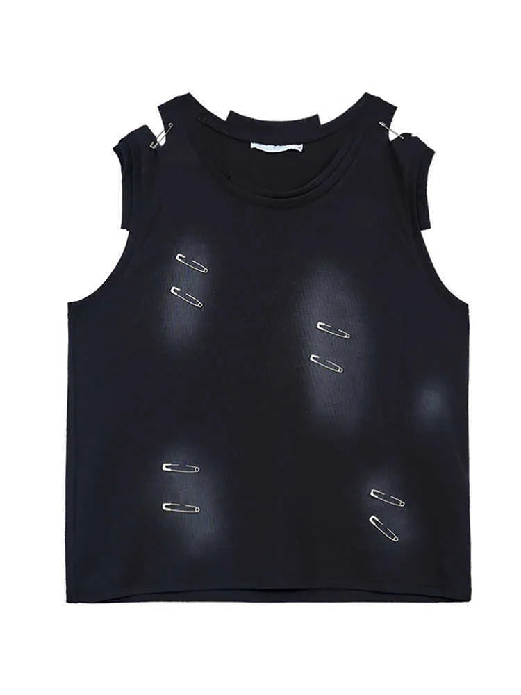 Men's black sleeveless t-shirt waistcoat vest with irregular ripped cutting detail and round neck collar