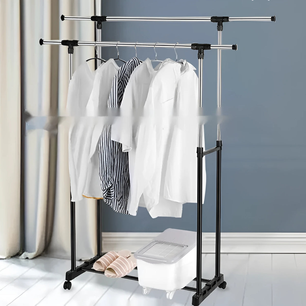 Stainless steel floor laundry rack, adjustable height 80-160cm, 78x42cm base, modern simplicity style, with alloy hanger.