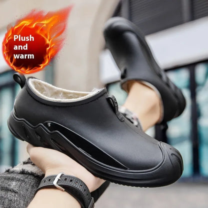 Men's short casual rain boot in solid colour, plastic upper, shown on foot.