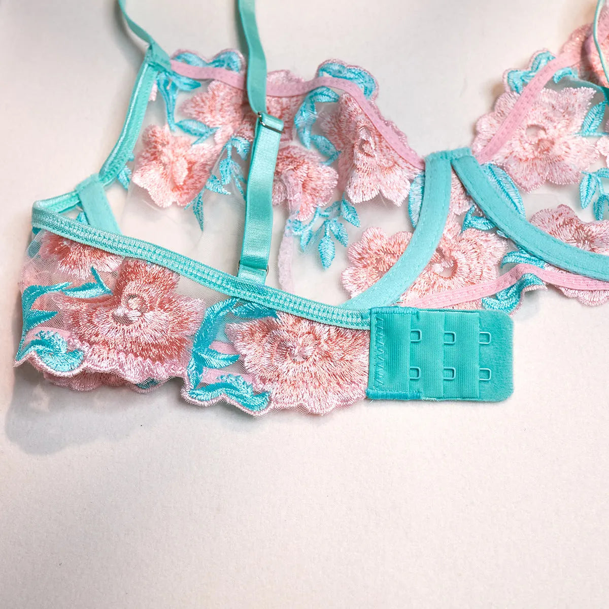 Pink embroidered mesh pettiskirt bikini set for women with matching bra and brief