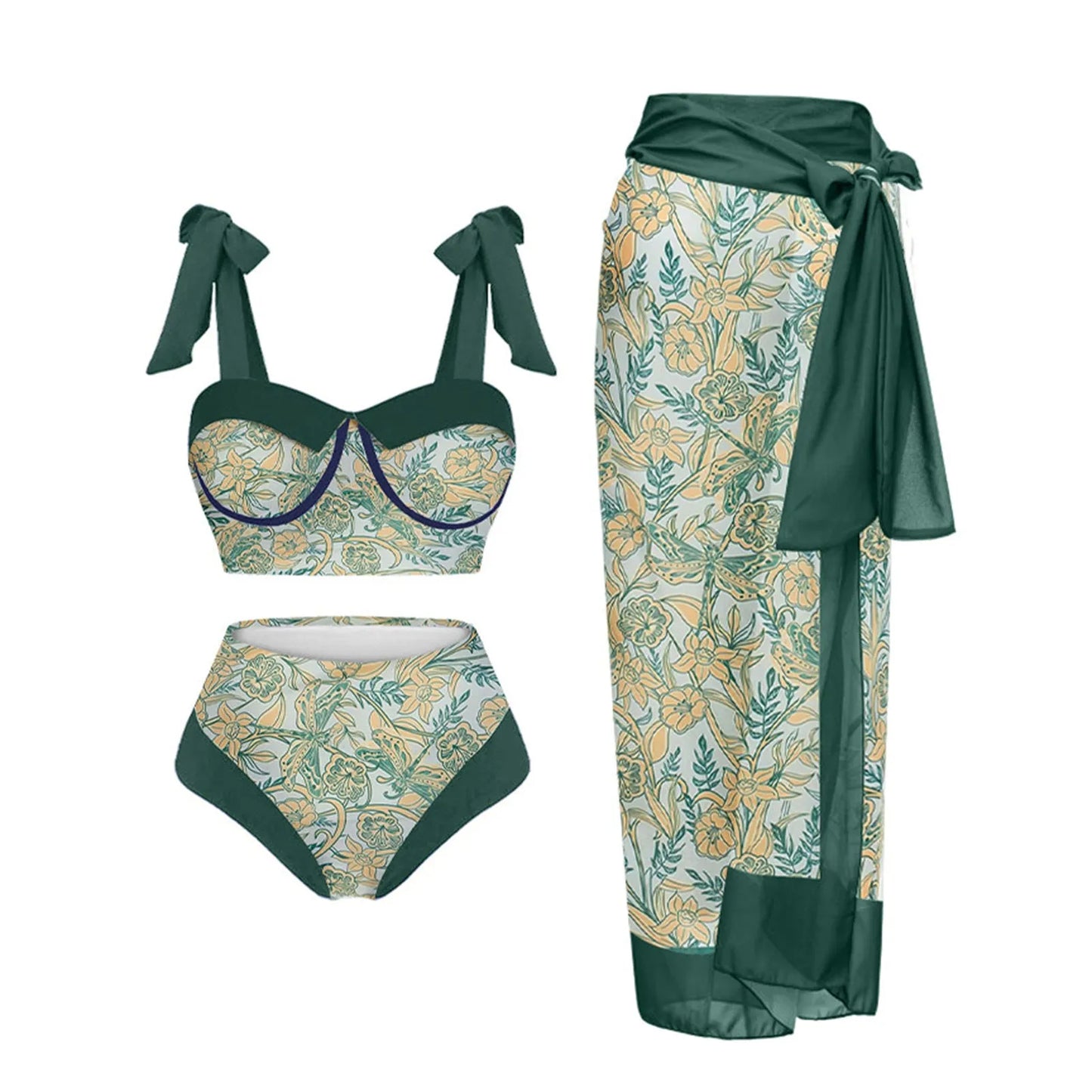 Women's pink and floral print split swimsuit three-piece set with skirt, bra, and panties.