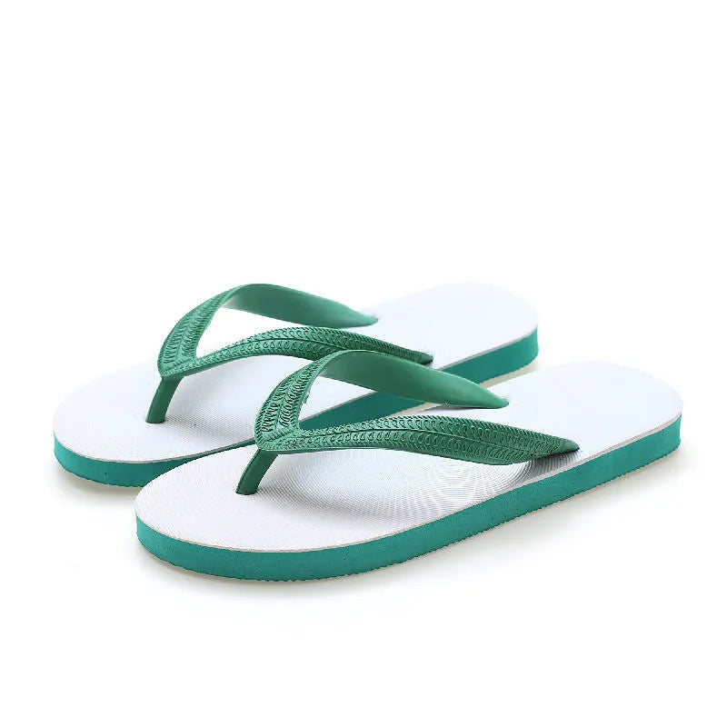 Rubber flip-flops with fish label design on strap, shown in green, red, blue, and black colour options.