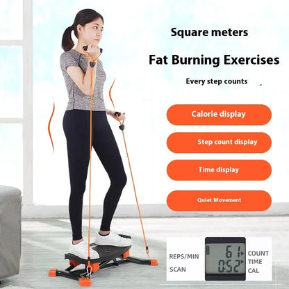 Black JS101A mini indoor skiing exercise machine with elastic hand straps on a carpet.