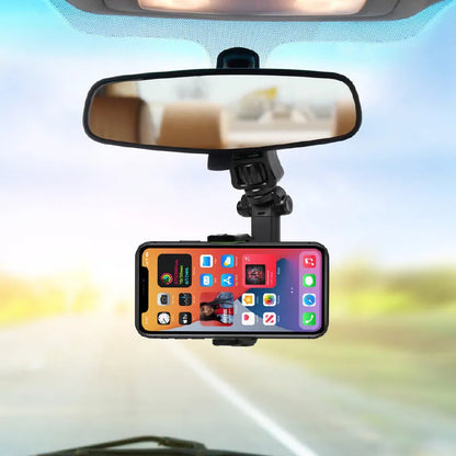 Universal car phone holder attached to a rear view mirror, shown in black and green colour.