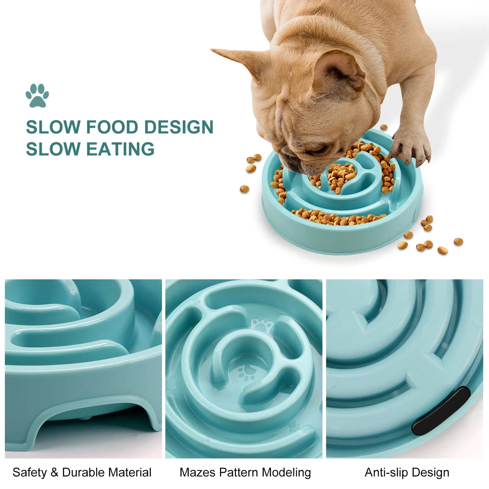 Blue silicone slow feeder dog bowl with raised labyrinth puzzle pattern for dogs.