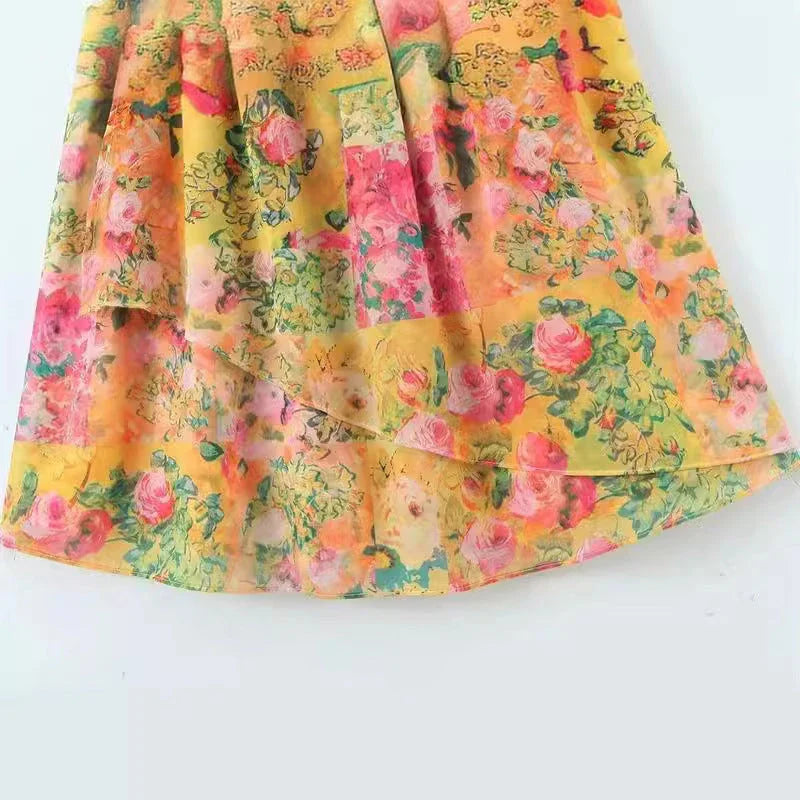 Stylish floral print suspender dress with ruffled A-line skirt and adjustable spaghetti straps for a customized fit