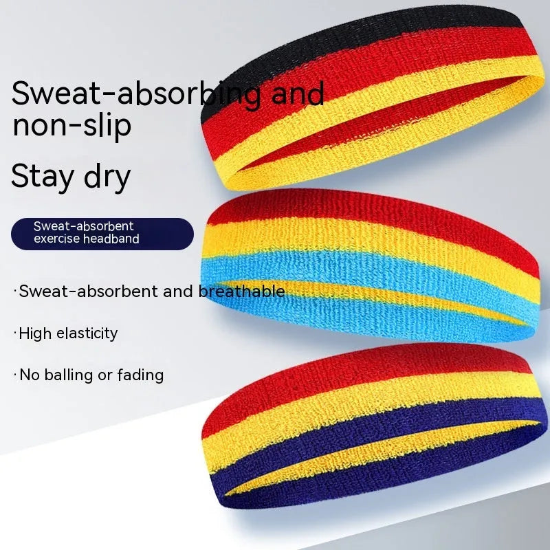 Colour-block sports headband for adults shown in a multi-colour design, suitable for running and yoga.