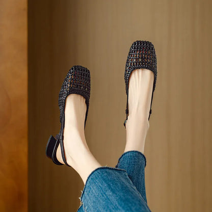 Women's beige woven hollow-out sandals with closed square toe, chunky 4cm heel, and buckle fastening on foot