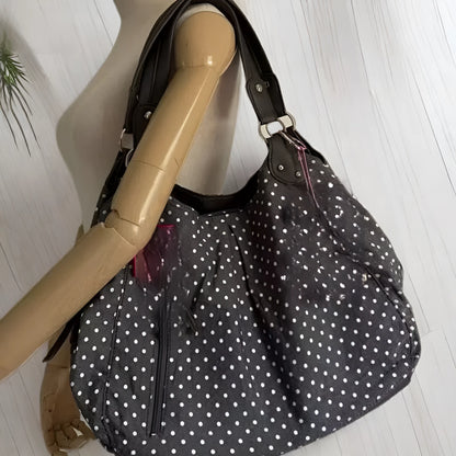 Retro polka-dot canvas shoulder bag with double shoulder straps, oval shape, soft polyester, patchwork stitching