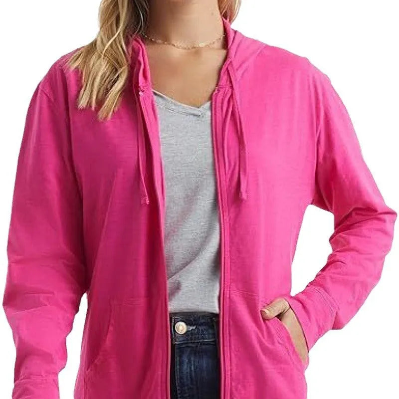 A loose fit solid colour hooded sweatshirt on a hanger, shown in one of six colour options.