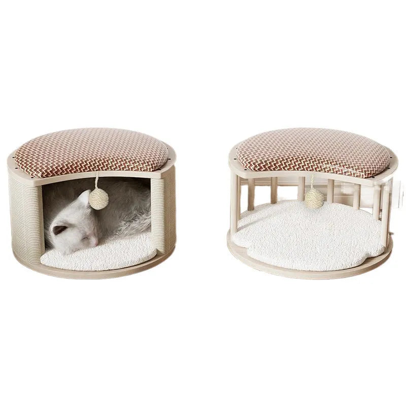 Solid wood cat nest with reversible summer mat and plush cushion, available in grey, white, plaid, and warm orange