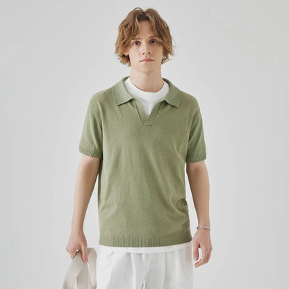 Knitted short-sleeved polo collar casual T-shirt in a solid colour on a hanger.