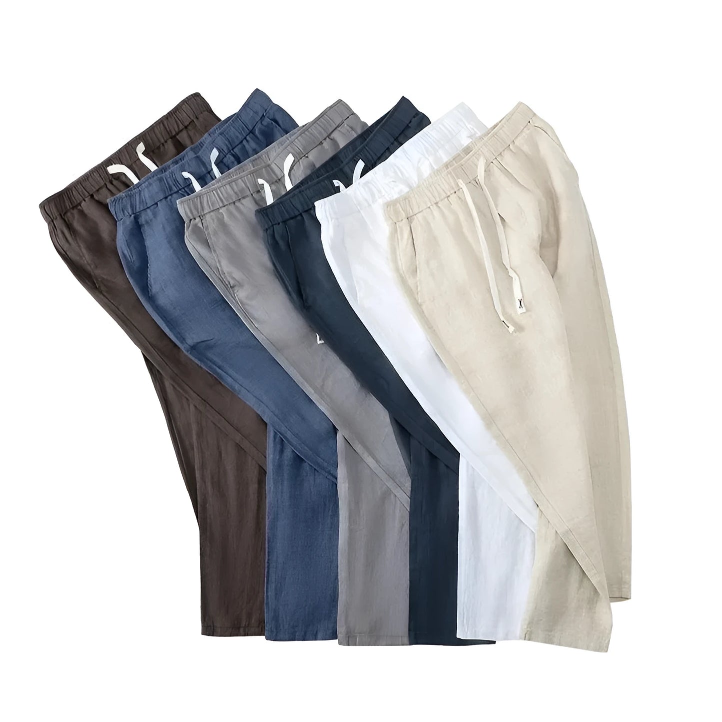 Pure linen Chinese-style straight-leg trousers with elastic drawstring waist in multiple colours