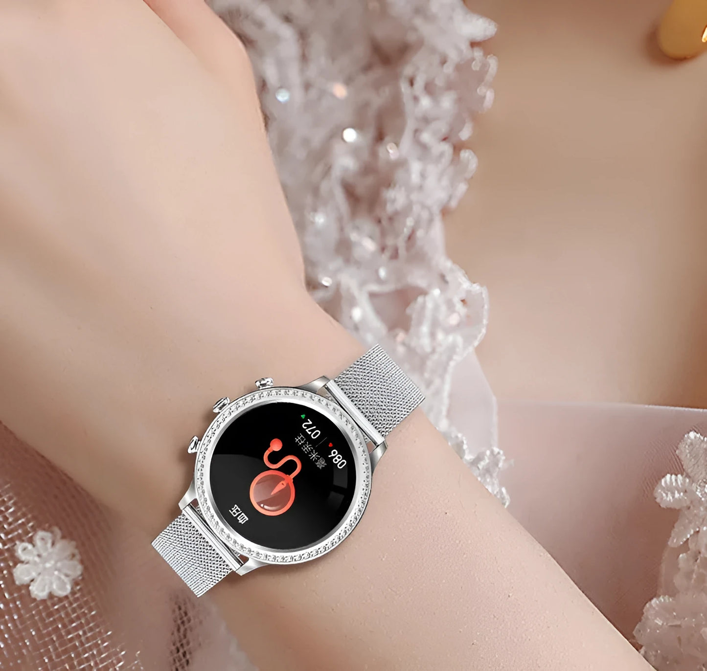 Women's smartwatch with Bluetooth calling on a silicone strap, showing gold and silver colour variants.