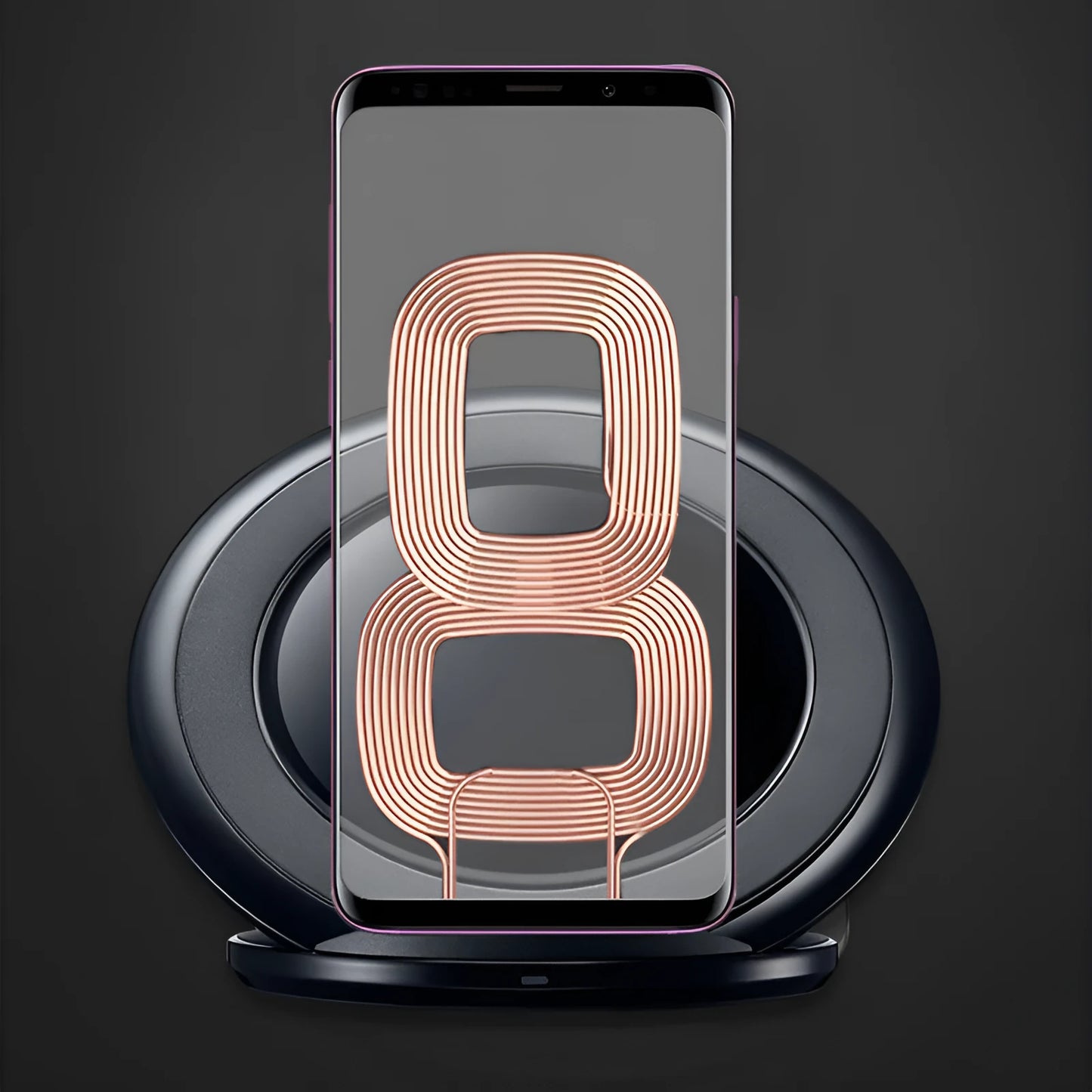 Black Qi wireless charging pad for Samsung Galaxy Note Edge on a desk.