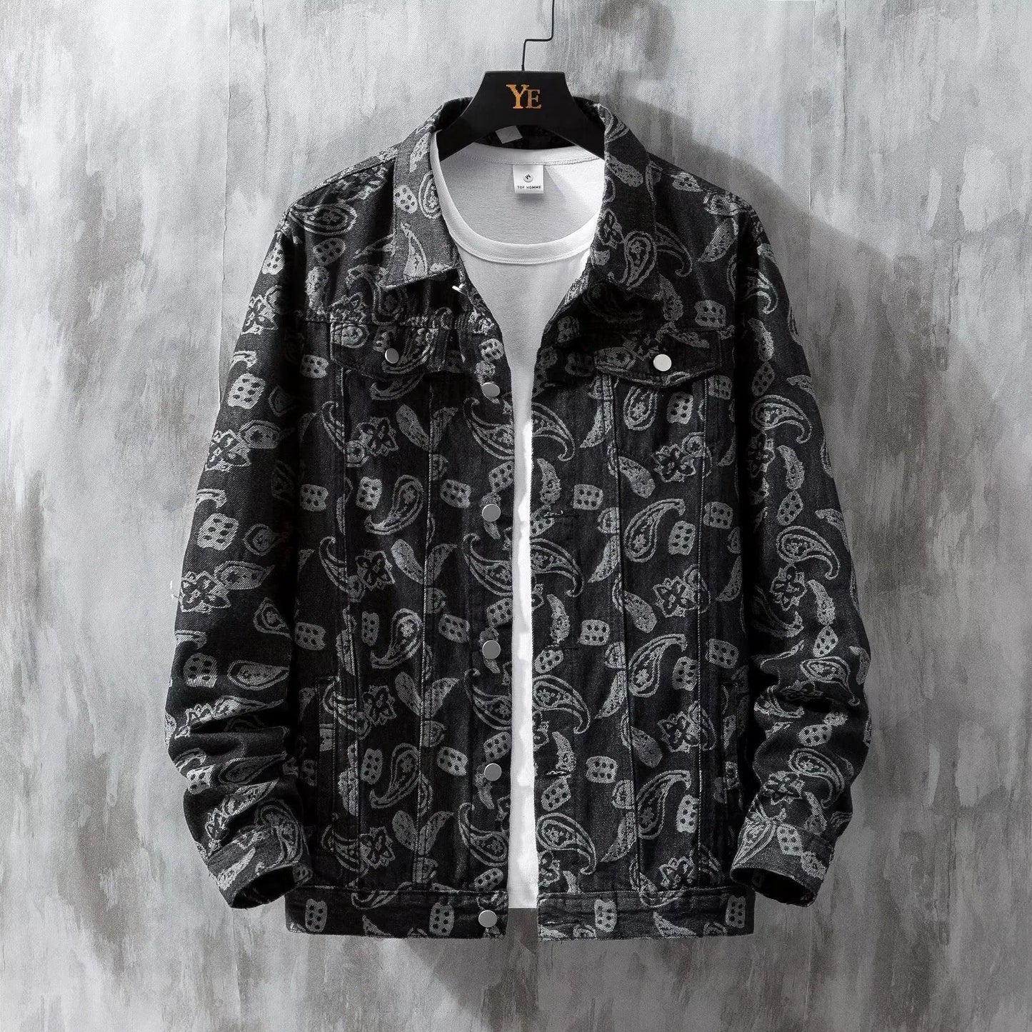 Men's slim fit printed jacquard denim coat in black with patch pockets and drawstring casing