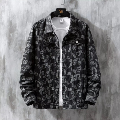 Men's slim fit printed jacquard denim coat in black with patch pockets and drawstring casing