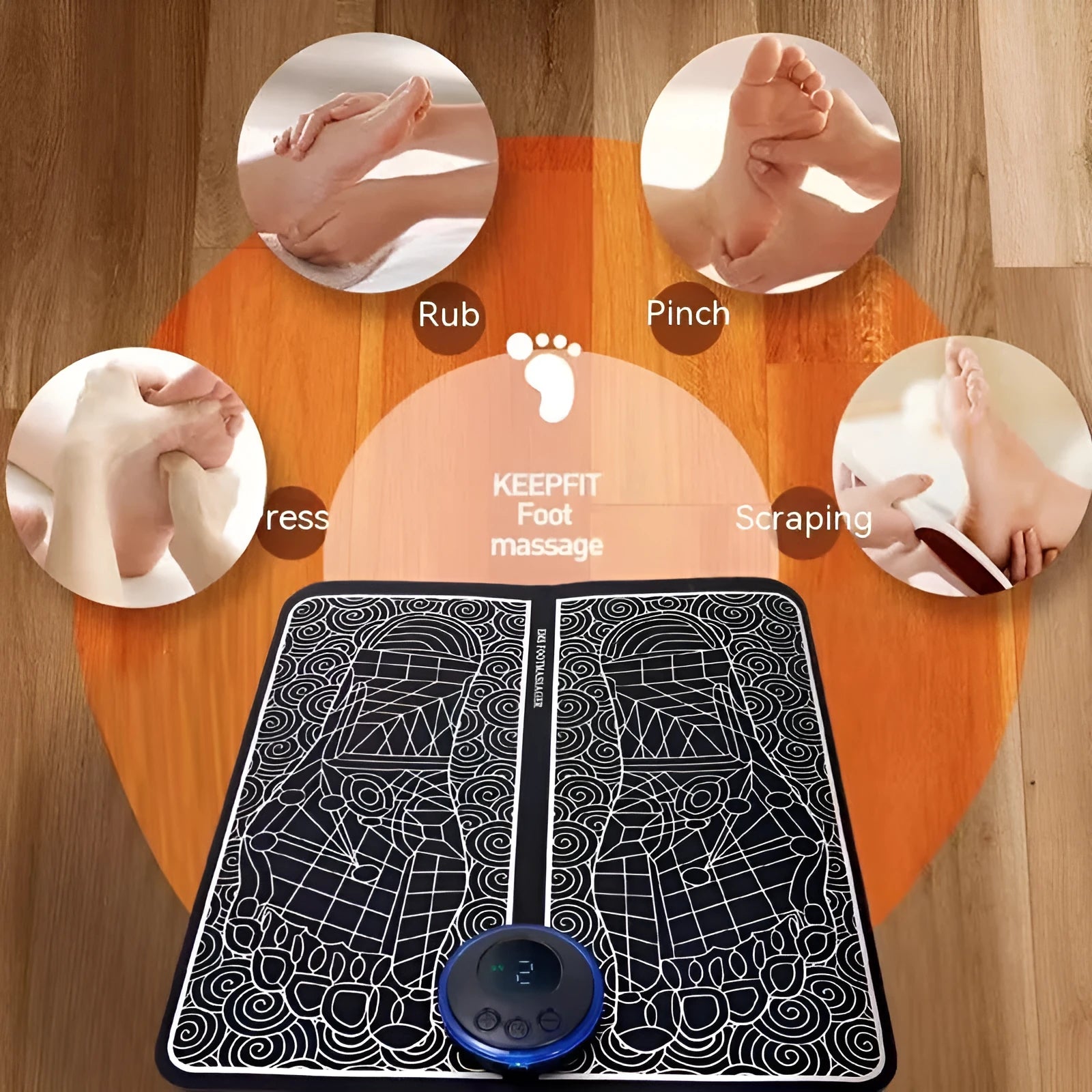 Portable EMS foot massager pad showing remote control and foldable 32.5x29.5cm design
