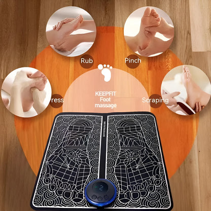 Portable EMS foot massager pad showing remote control and foldable 32.5x29.5cm design
