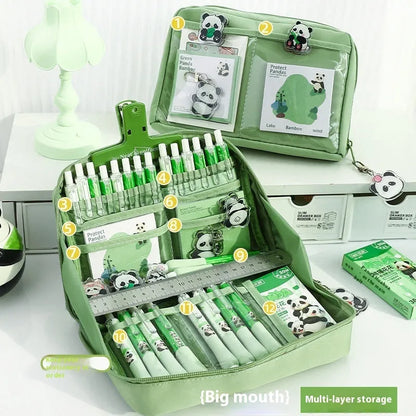 Green canvas pencil case with 12 layer panda design and multiple compartments for stationery organisation