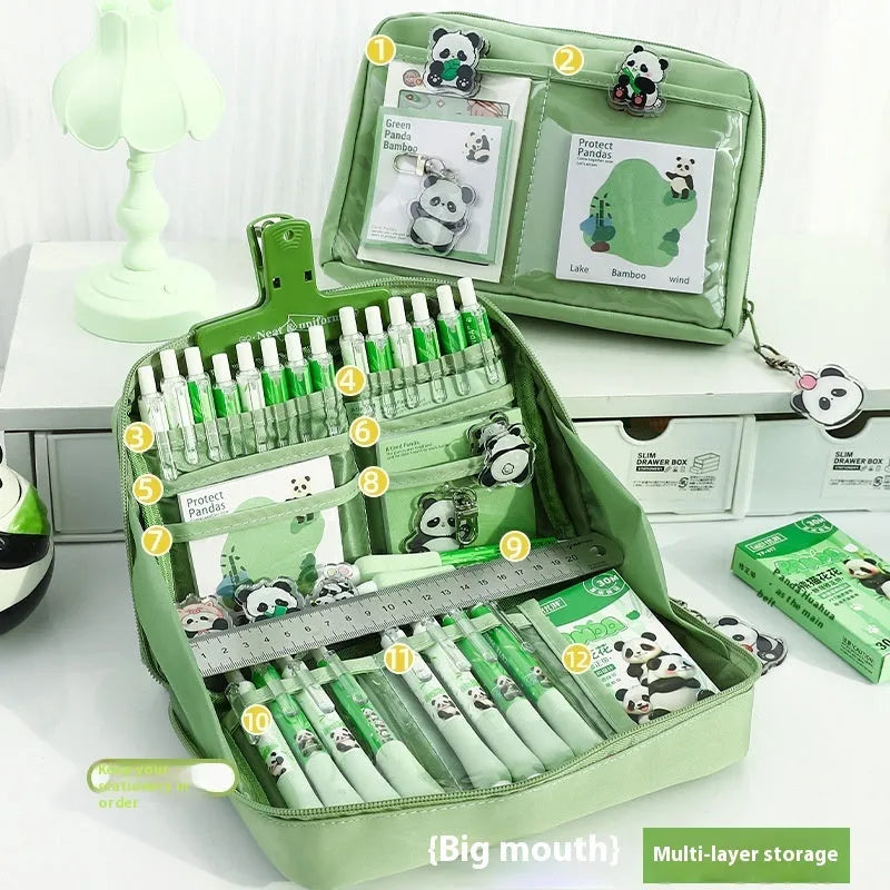 Korean style canvas pencil case with 12 layer panda design and super large capacity for organising stationery and school supplies, available in green with optional sticker pack for personalisation