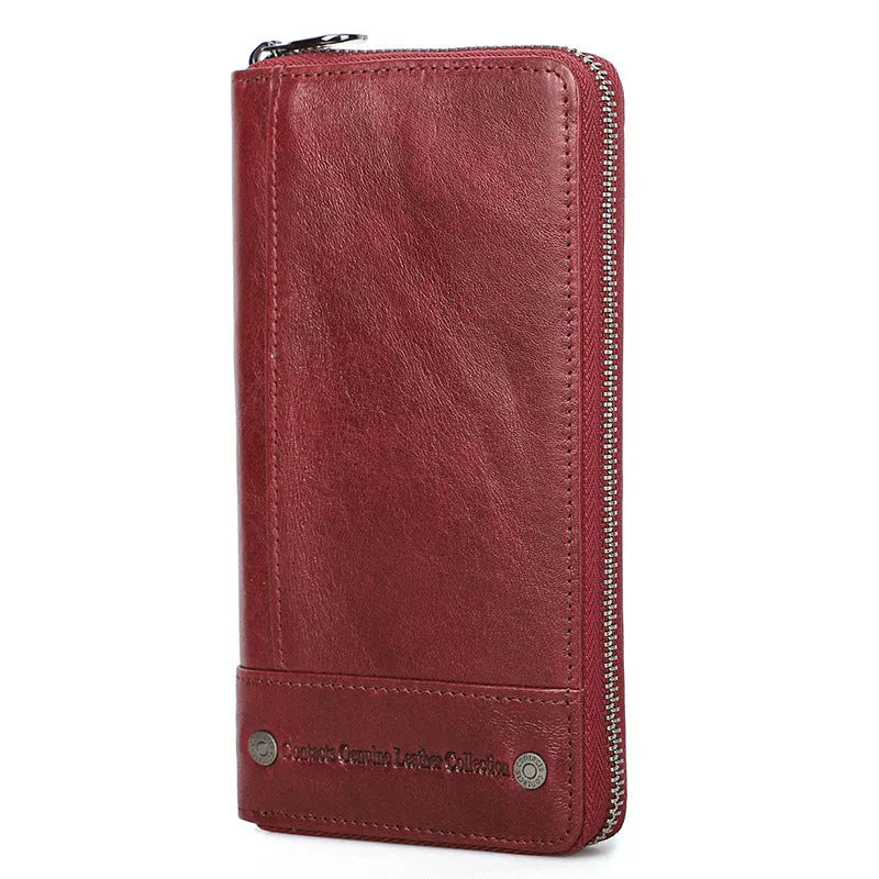 Men's brown genuine leather anti-theft wallet with zipper closure and card swiping function